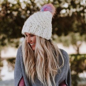 Three Bird Nest Accessories - Rainbow Ivory Pom Knitted Beanie Three Bird Nest Accessories - Rainbow Ivory Pom Knitted Beanie
